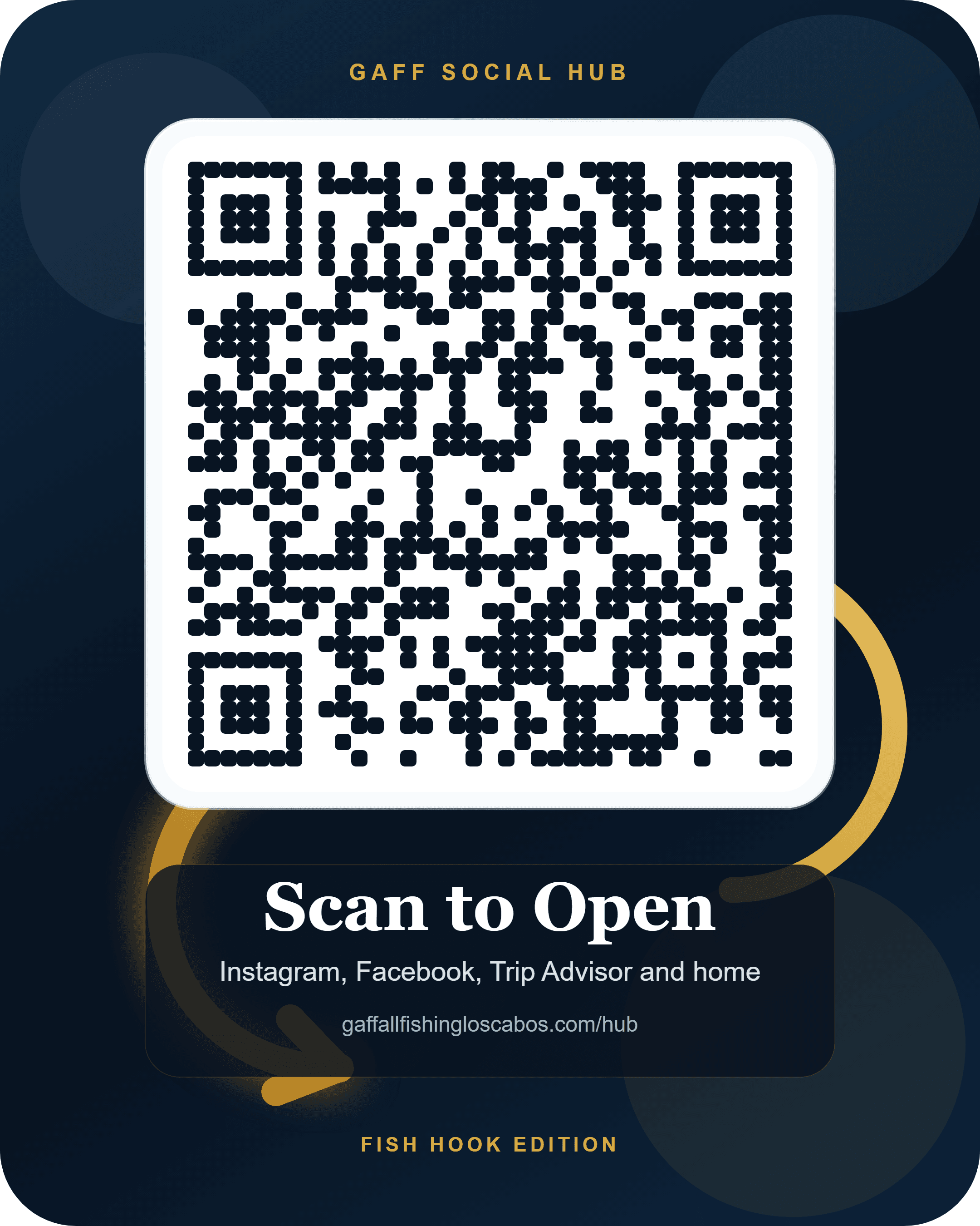 Fishing hook inspired QR code for the GAFF social hub